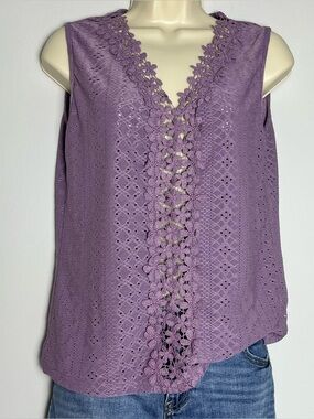 Violet Lace-Trim Eyelet V-Neck Knit Tank Top Boho Fairy Cottagecore Sz M